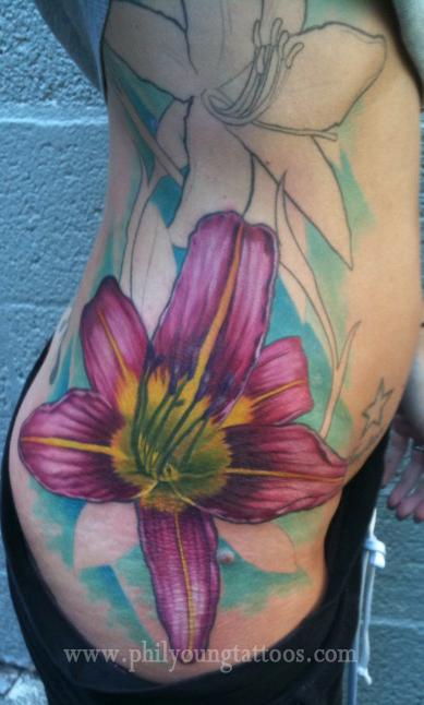 Phil Young - Lily tattoo on ribs in progress