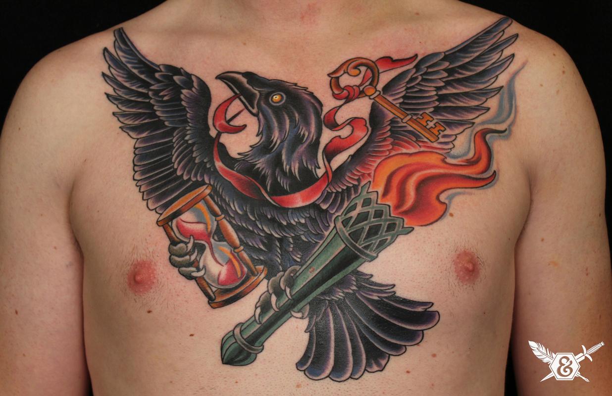 10. Raven and Clock Chest Tattoo - wide 5