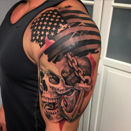 David Mushaney - Trash Polka Style Flag Skull and Anchor Tattoo by David Mushaney