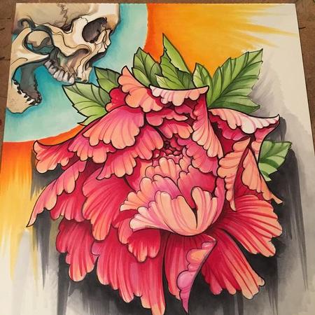 Tattoos - Skull and Peony Copic Marker Drawing - 99238