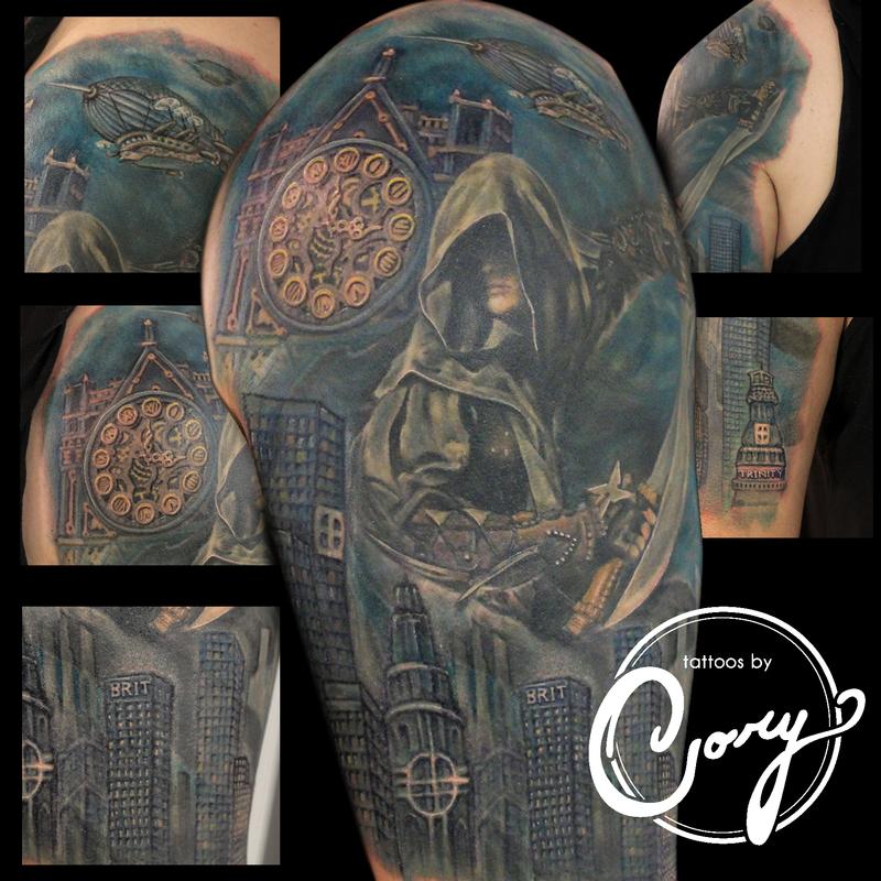 assassin clock cityscape tattoo by cory claussen tattoos assassin clock cityscape tattoo by cory claussen tattoos