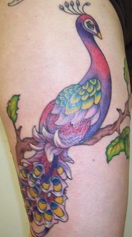 Peacock Tattoo On Thigh. peacock. Placement: Leg