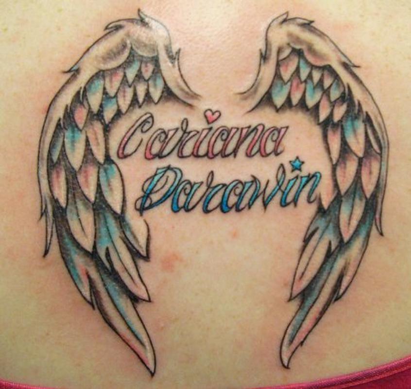 Angel wings with kids names by Julie TattooNOW