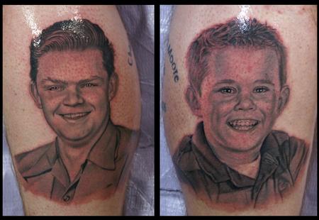 Tattoos - Grand Father and Son Dual Portraits on Calves - 66597