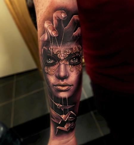 Tattoos - Masked Woman, Crane Puppets Forearm Tattoo - 115848