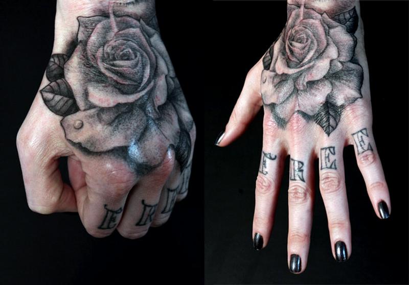 black rose hand tattoos