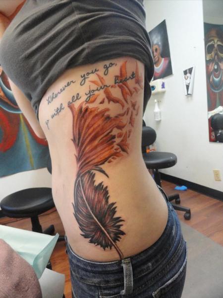 custom feather tattoo with script by craig murphy tattoos custom feather tattoo with script by craig murphy tattoos