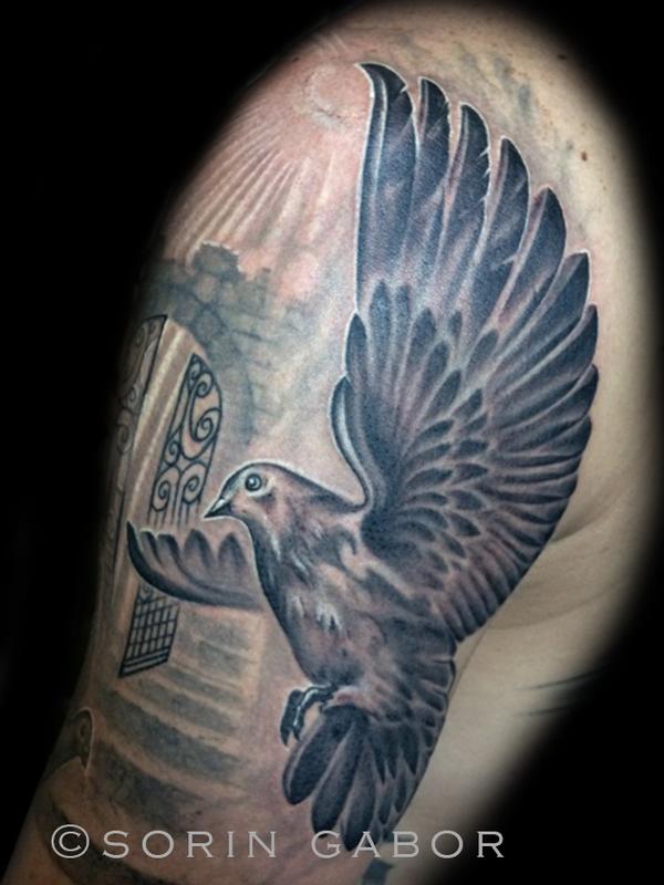 Realistic black and gray dove with rays and clouds by Sorin Gabor Tattoos