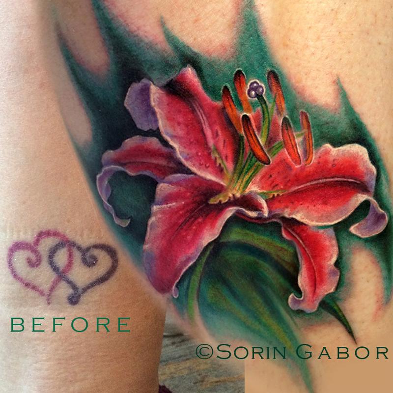 Realistic stargazer lily coverup tattoo by Sorin Gabor Tattoos
