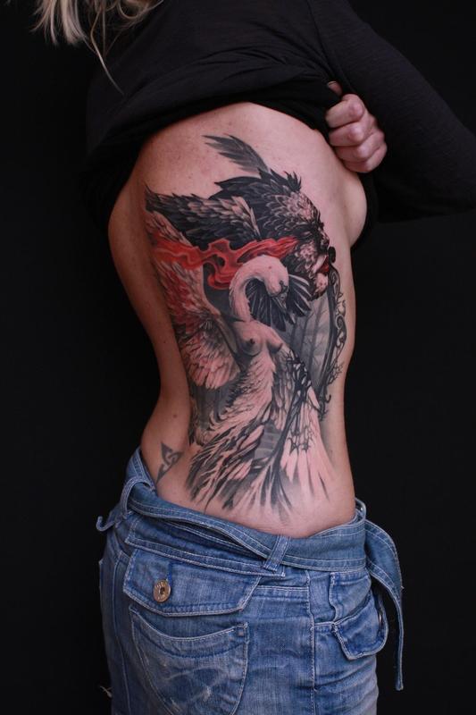 Black swan/White swan finished piece not healed by Dennis Wehler: TattooNOW