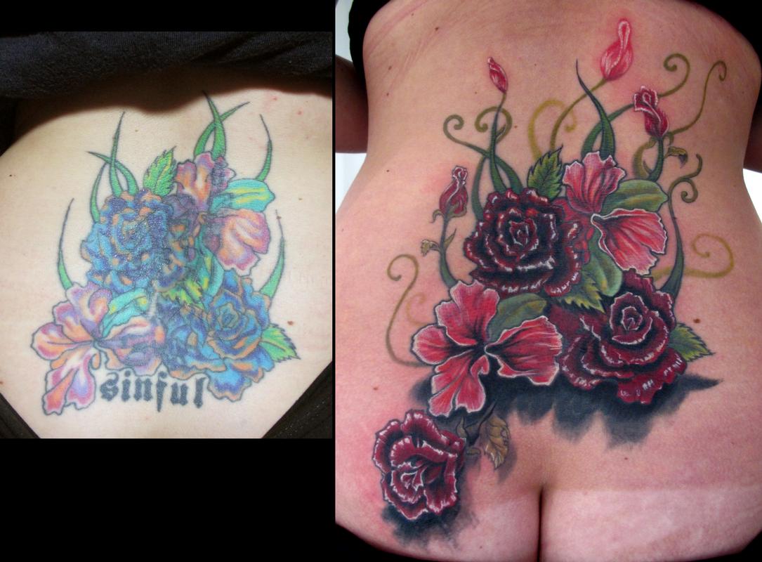 lower back flower coverup tattoo by Stefano Alcantara : Tattoos