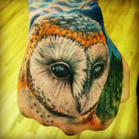 Johnny Smith - Freehand barn owl on hand