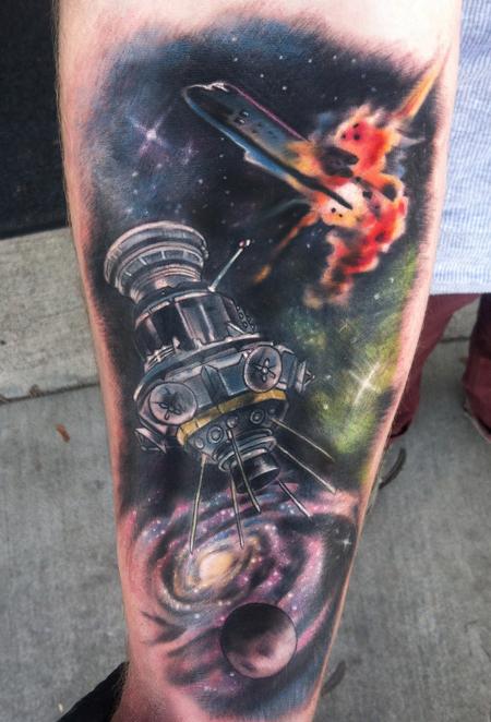 Tattoos - space sleeve with galaxy and exploding shuttle - 74424