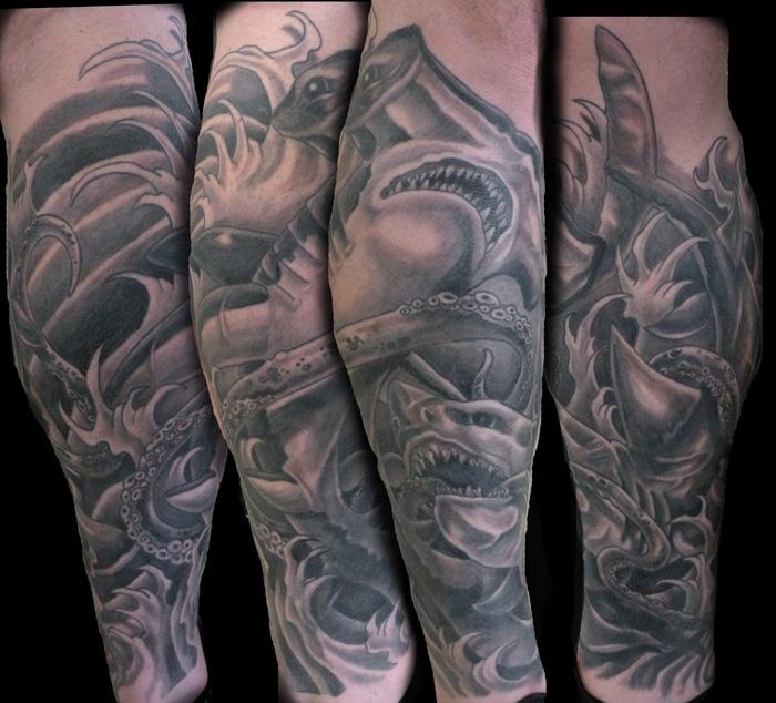 shark leg sleeve by Mathew Hays TattooNOW