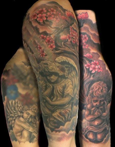 Tattoos - cherub and angel half sleeve with cherry blossoms - 63218