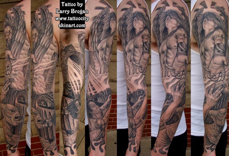 Paradise Artist Retreat Tattoos Fine Line Dragged To Hell Angel Demon Sleeve By Larry Brogan