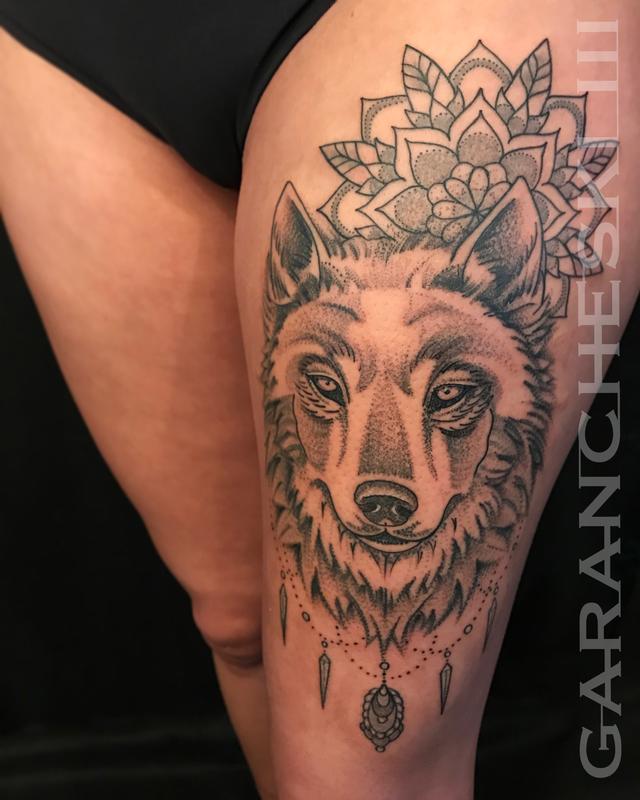 Ornamental Leafy Mandala Dotwork Wolf Tattoo By John Garancheski Iii