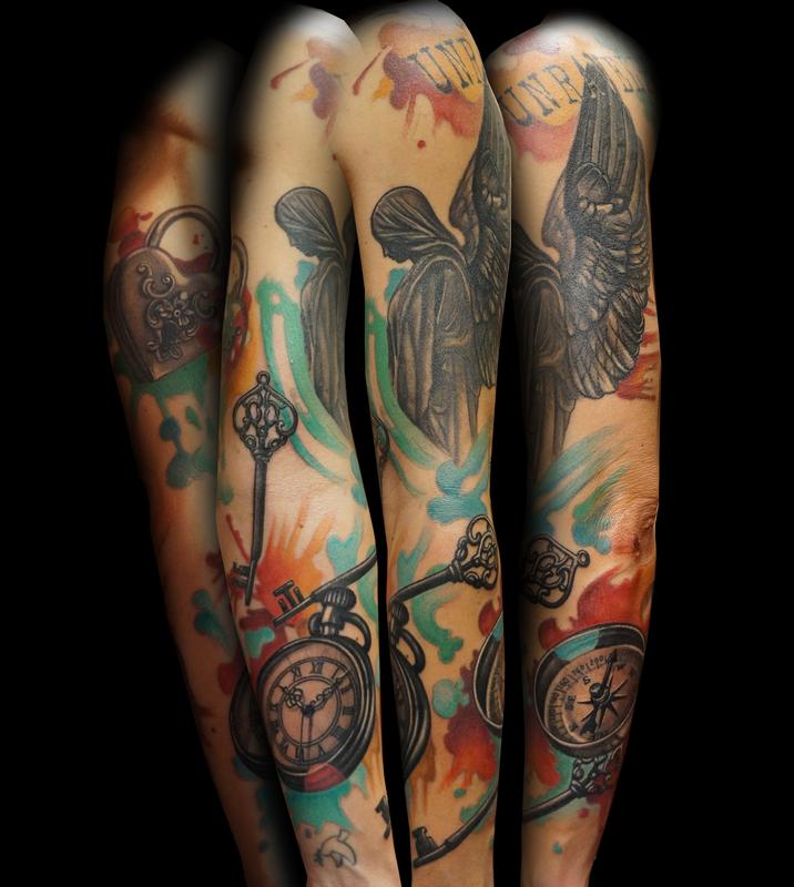 Watercolor sleeve by Danny Elliott: TattooNOW