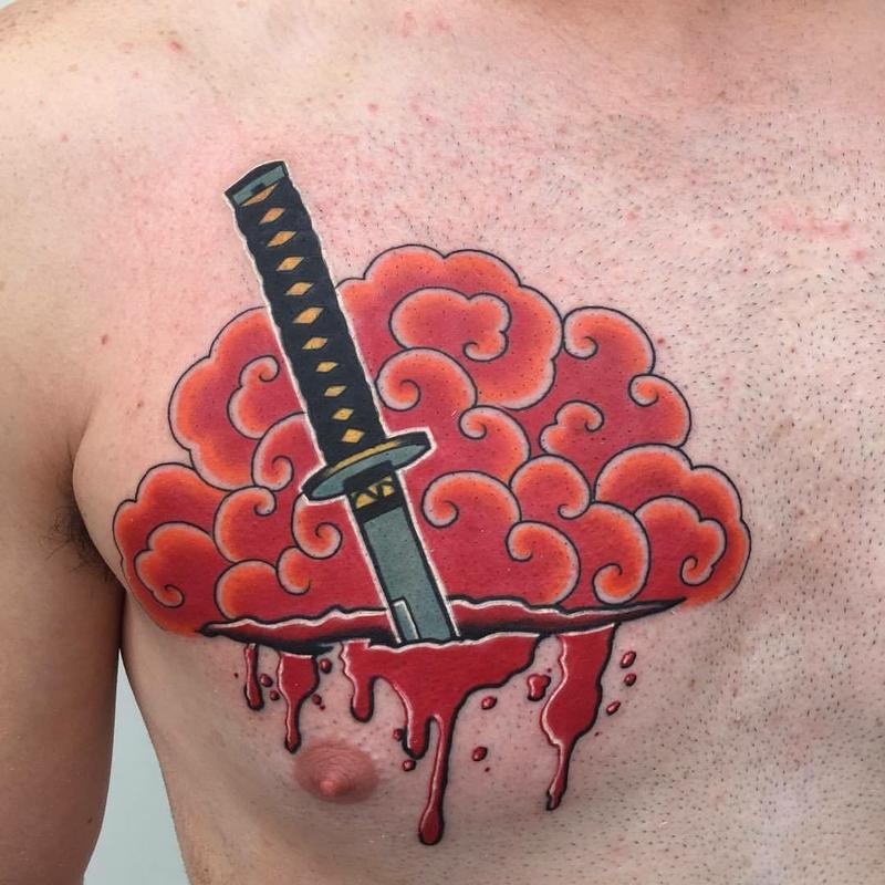 Japanese knife & red clouds by Gao Feng : Tattoos