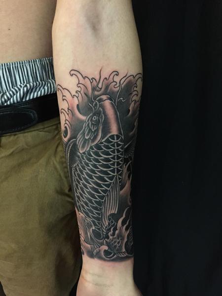 Tattoos - Black and grey koi fish - 131929