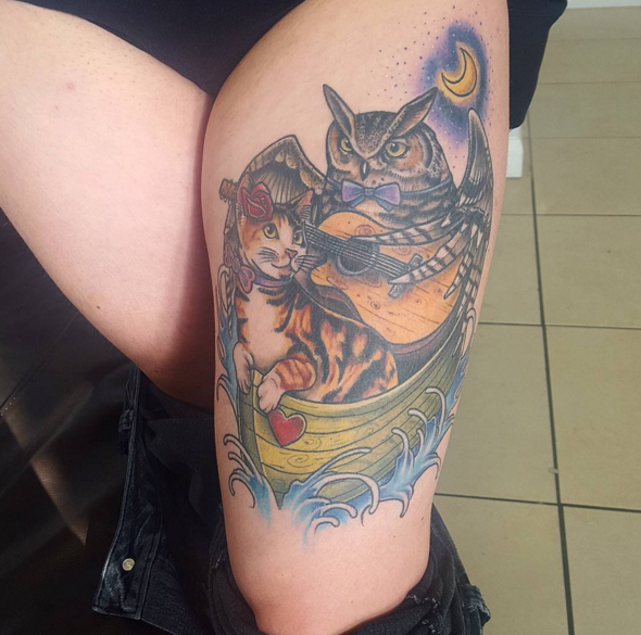 owl and cat under the moon leg tattoo by kayley jayne warrington owl and cat under the moon leg tattoo by kayley jayne warrington