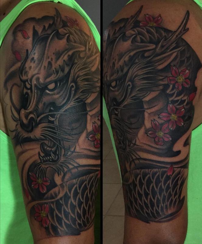 black and grey dragon half sleeve by Killian Moon: TattooNOW