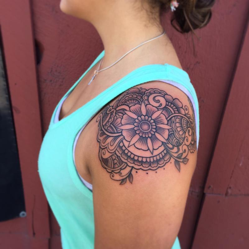 Ornamental shoulder tattoo by Laura Jade Tattoos