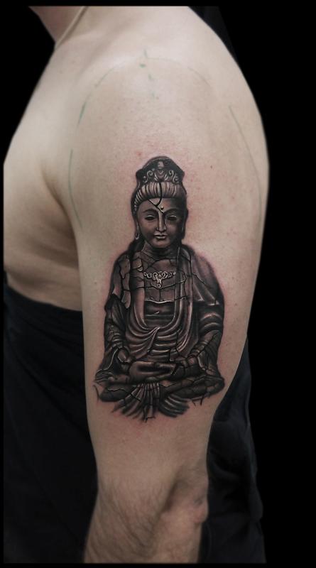 black and grey realistic broken sculpture buddha tattoo by Obi: TattooNOW