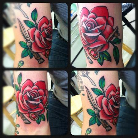 Rebecca Smith - Neo-Traditional rose with key and blade 