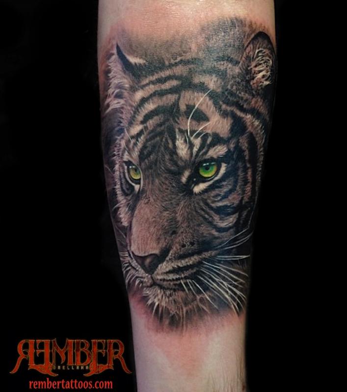 Rember Tattoos : Tattoos : Nature Animal Tiger : Black and Grey Realism  Tiger