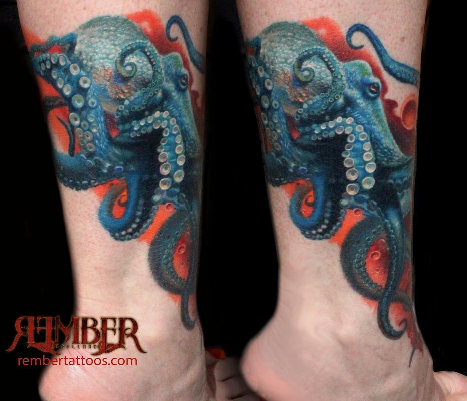 Rember Tattoos : Tattoos : Body Part Calf : Realistic Octopus Tattoo