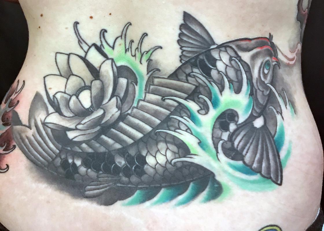 5. Black and Grey Koi Fish Back Tattoo - wide 4