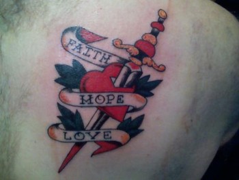 Tattoos - heart with knife and banner - 47972