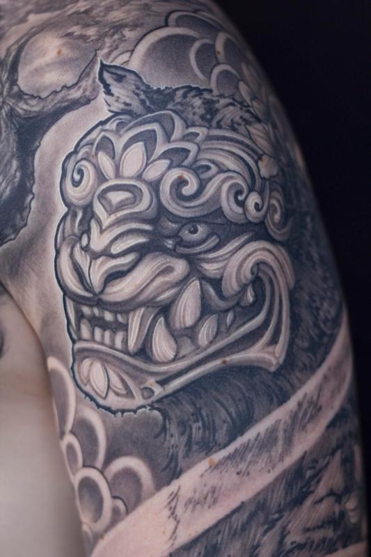 fu dog / tiger ornamental sleeve tattoo by Andre Cheko: TattooNOW