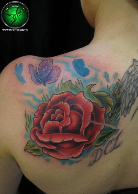 Andre Cheko - Rose butterfly memorial tattoo