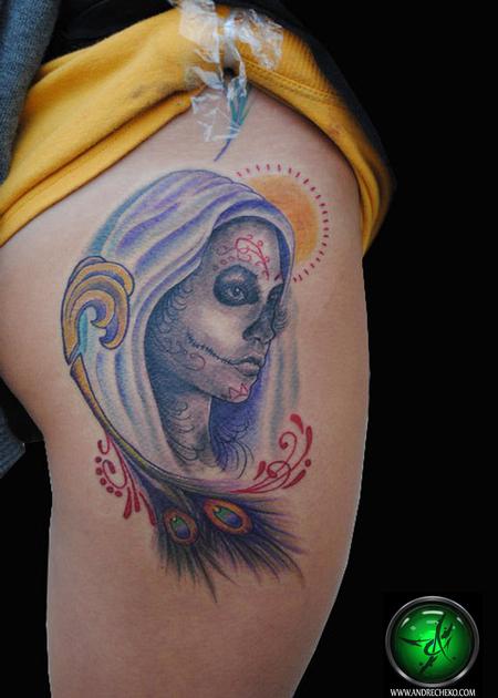 Andre Cheko - Day of the Dead Thigh tattoo