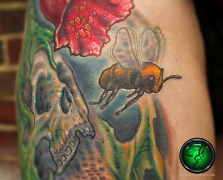Tattoos - bio organic skull  and bee color tattoo - close up - 78425