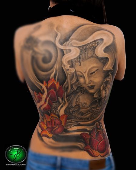 Tattoos - oriental female religious back piece tattoo  - 76578