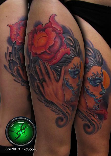 Tattoos - Dia de los muertos color thigh tattoo - 75831