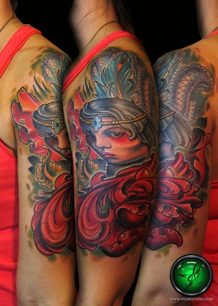 Tattoos - Flapper girl color half sleeve tattoo - 75727