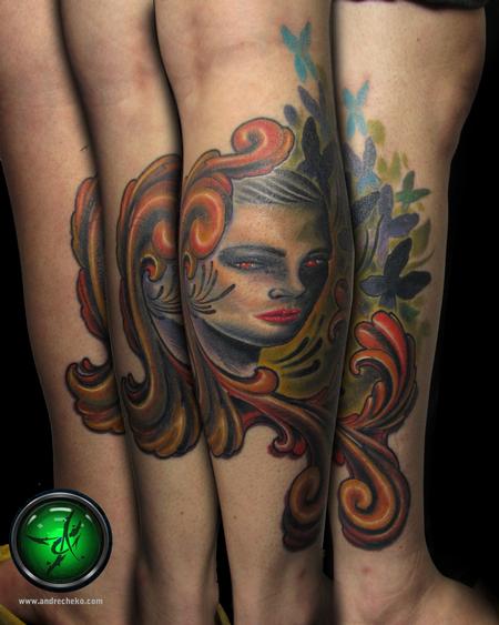 Tattoos - Framed Girl Face Color Tattoo - 75792
