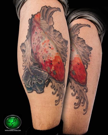 Andre Cheko - koi fish color leg tattoo