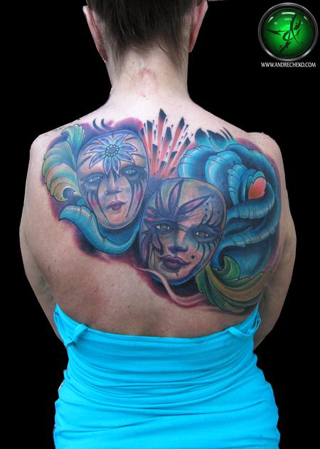 Tattoos - Theater Mask color back tattoo - 75731