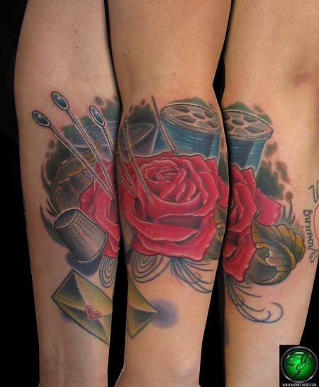 Andre Cheko - Rose pins and needles color tattoo