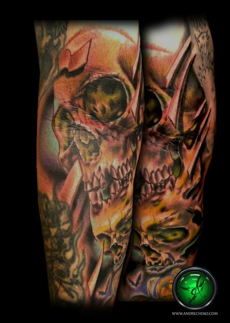 Andre Cheko - Dark skull arm color tattoo