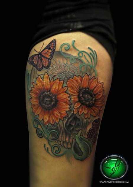 Andre Cheko - sunflower sugar skull color tattoo
