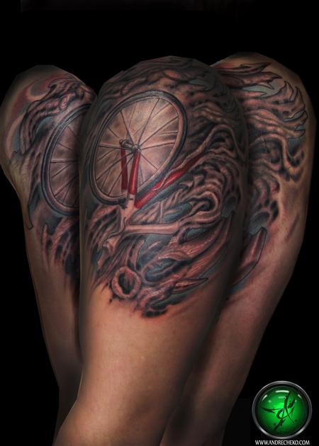 Andre Cheko - Bike merged with tree tattoo