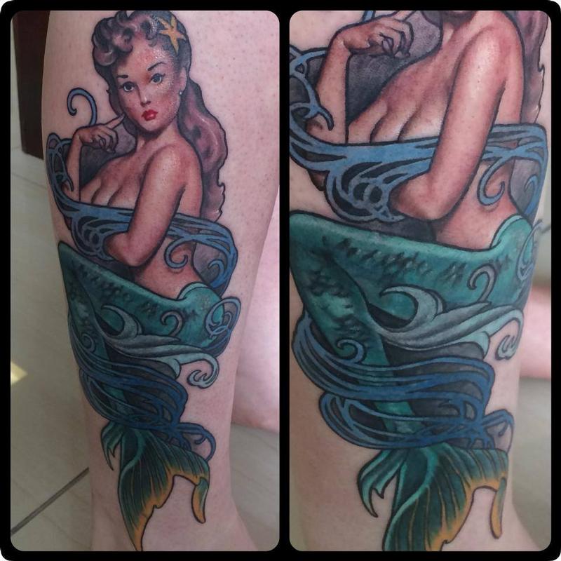 Pin-Up Style Mermaid Tattoo, a cover-up by Gigi McQueen: TattooNOW
