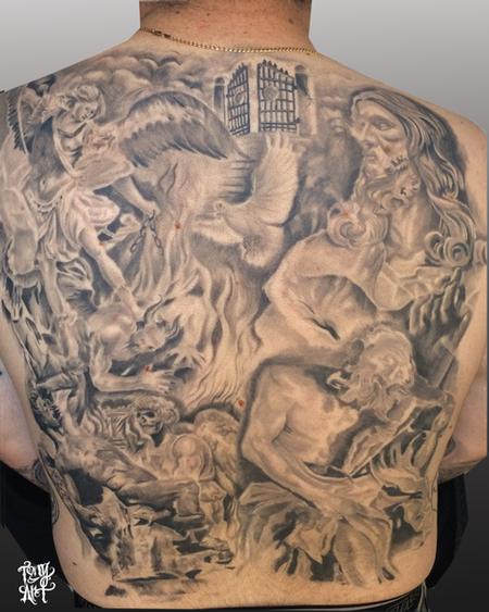 Tattoos - Religious Collage ,BACK Piece,black AND GREY - 100040