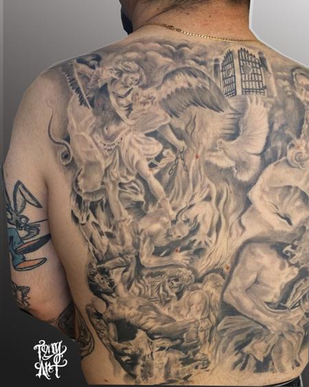 Tattoos - Religious Collage ,BACK Piece,black AND GREY - 100037